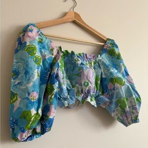 Blue Floral Puff-Sleeve Crop Top